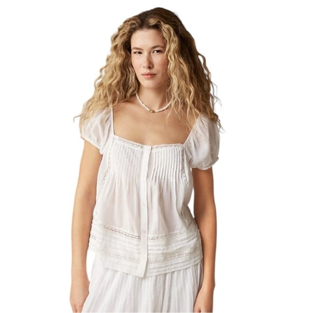 J Crew White Cap Sleeve Lace Trim Top in Cotton Voile Womens Size M